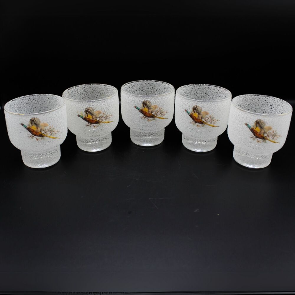 Vintage Cocktail Glasses Pheasant Design Tumblers West Virginia Glass Retro MCM